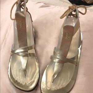 Free People Metallic Gold Lace-Up T-Strap Sandals